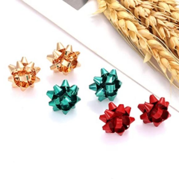 Bow Red Green Gold Holiday Earrings 3 Pairs - Picture 3 of 6